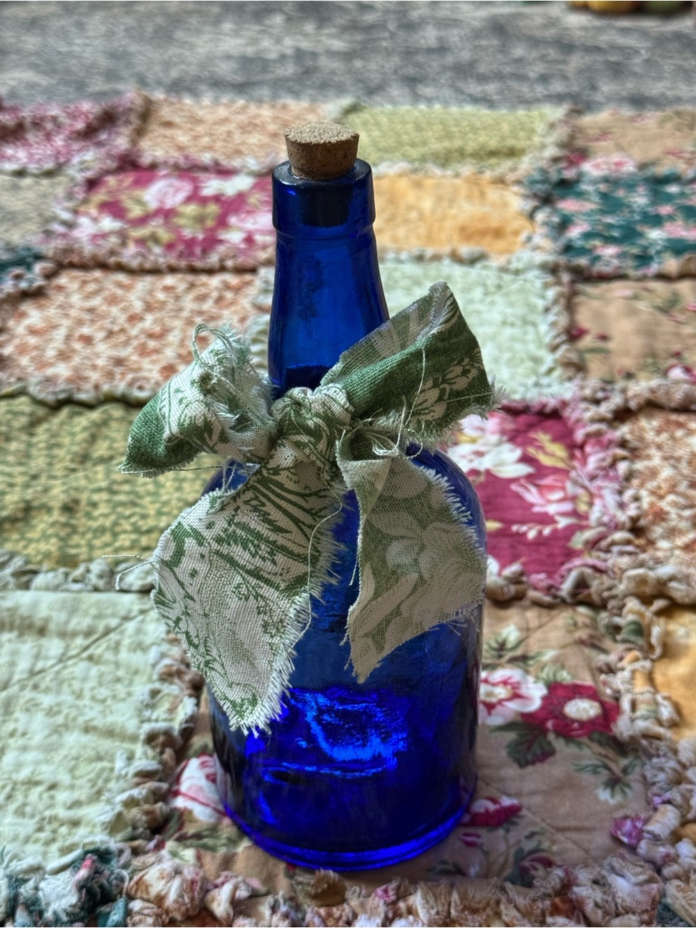Vintage Cobalt Blue Glass Bottle with Green Fabric Bow